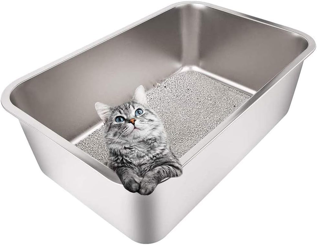 Stainless Steel Litter Box for Cats, Odor Control Litter Pan, Non Stick, Easy to Clean, Rust Proof and Non Slip Rubber Feet