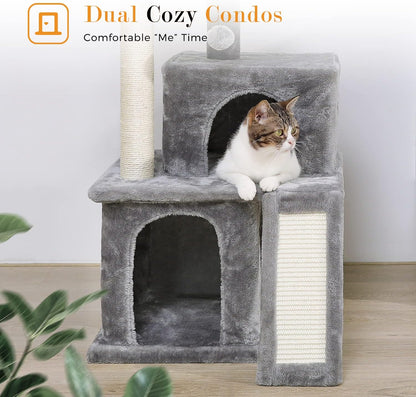 Cat Tree Multilevel Cat Tower with Double Condos, Spacious Perch, Fully Wrapped Scratching Sisal Post and Replaceable Dangling Balls