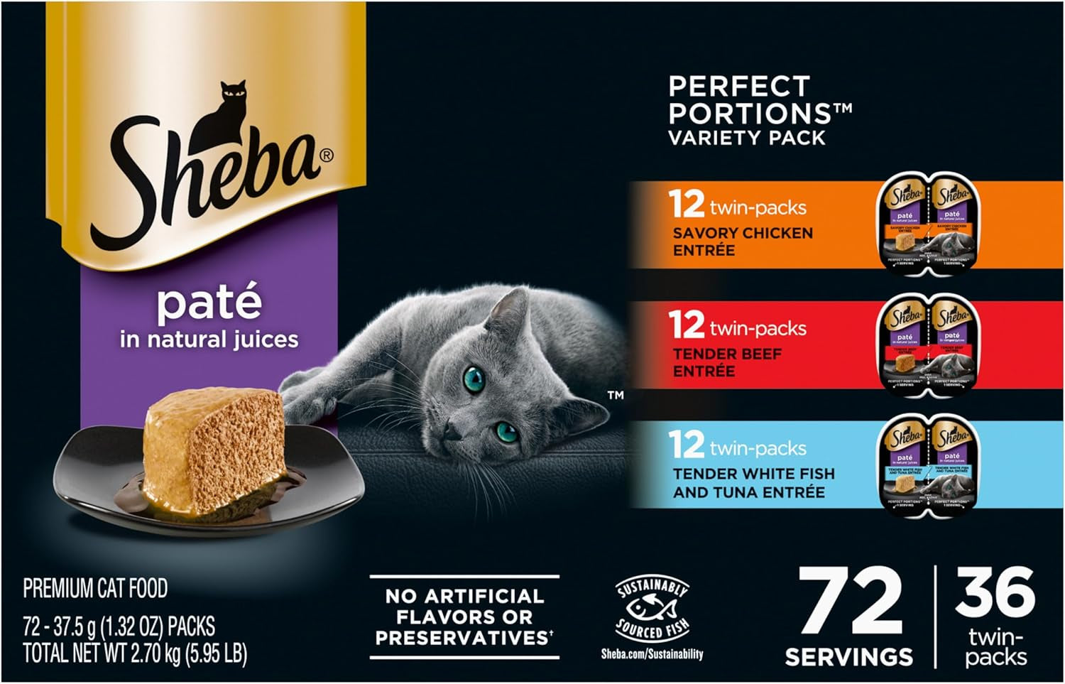 Perfect Portions Wet Cat Food Pate with Sustainable Salmon, Signature Seafood Entree, and Tender White Fish and Tuna Entree Variety Pack