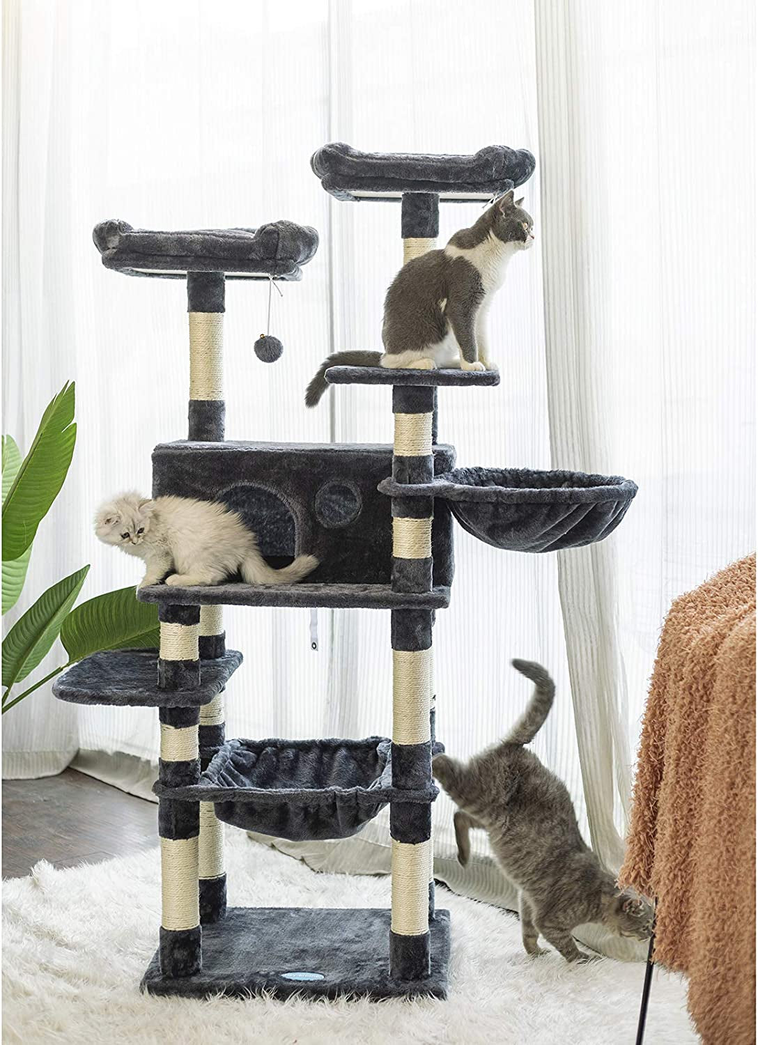 Cat Tree for Large Cats, Cat Tower with Scratching Posts, 2 Padded Plush Perches, Big Condo and Cozy Basket