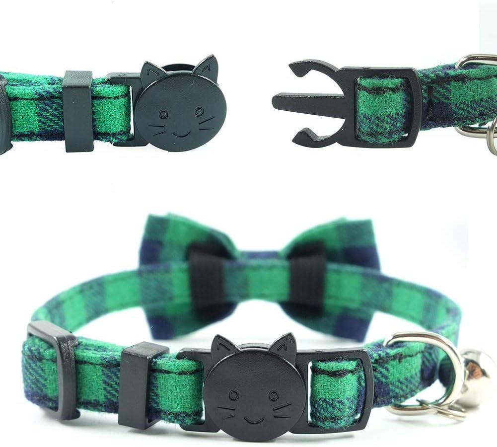 Cat Collar Breakaway with Bell and Bow Tie, Plaid Design Adjustable Safety Kitty Kitten Collars(6.8-10.8in) (Green Plaid)