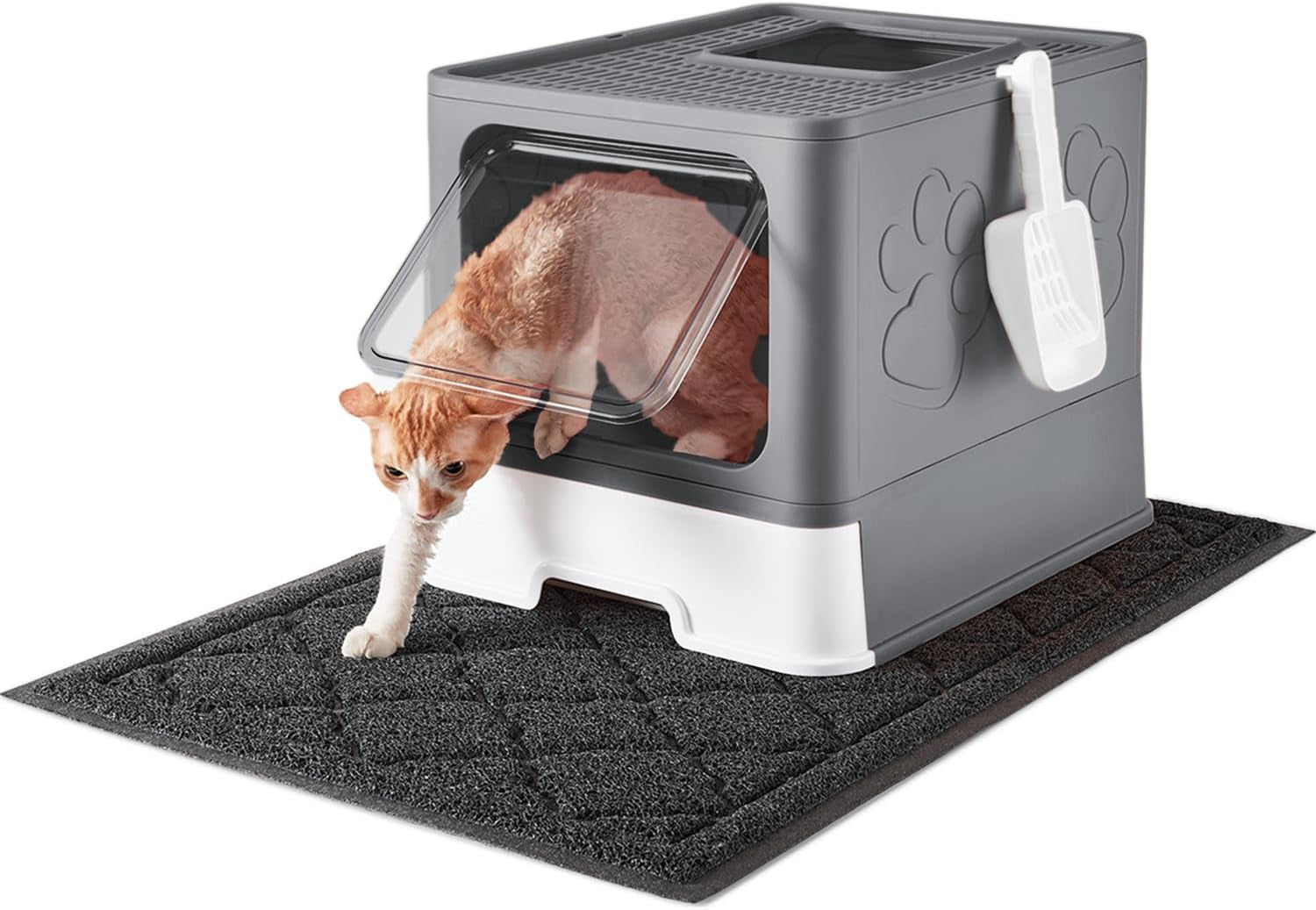 Cat Litter Box with Litter Mat and Scoop, Large Foldable Litter Box with Lid, Front Entry Top Exit Kitty Litter Box, Odor Control Easy Clean 