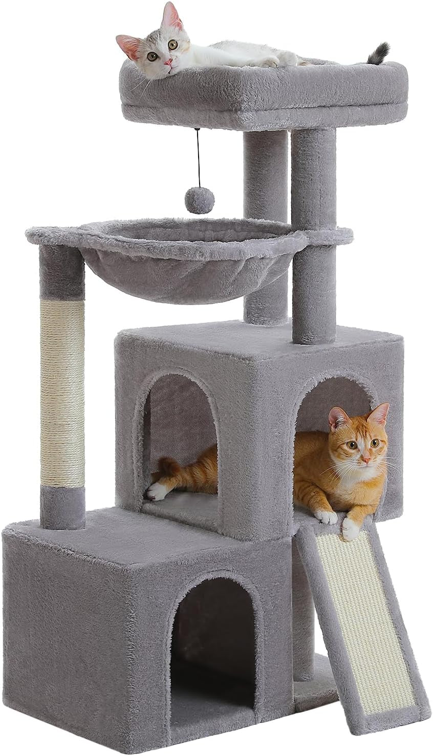 Cat Tree Multilevel Cat Tower with Double Condos, Spacious Perch, Fully Wrapped Scratching Sisal Post and Replaceable Dangling Balls