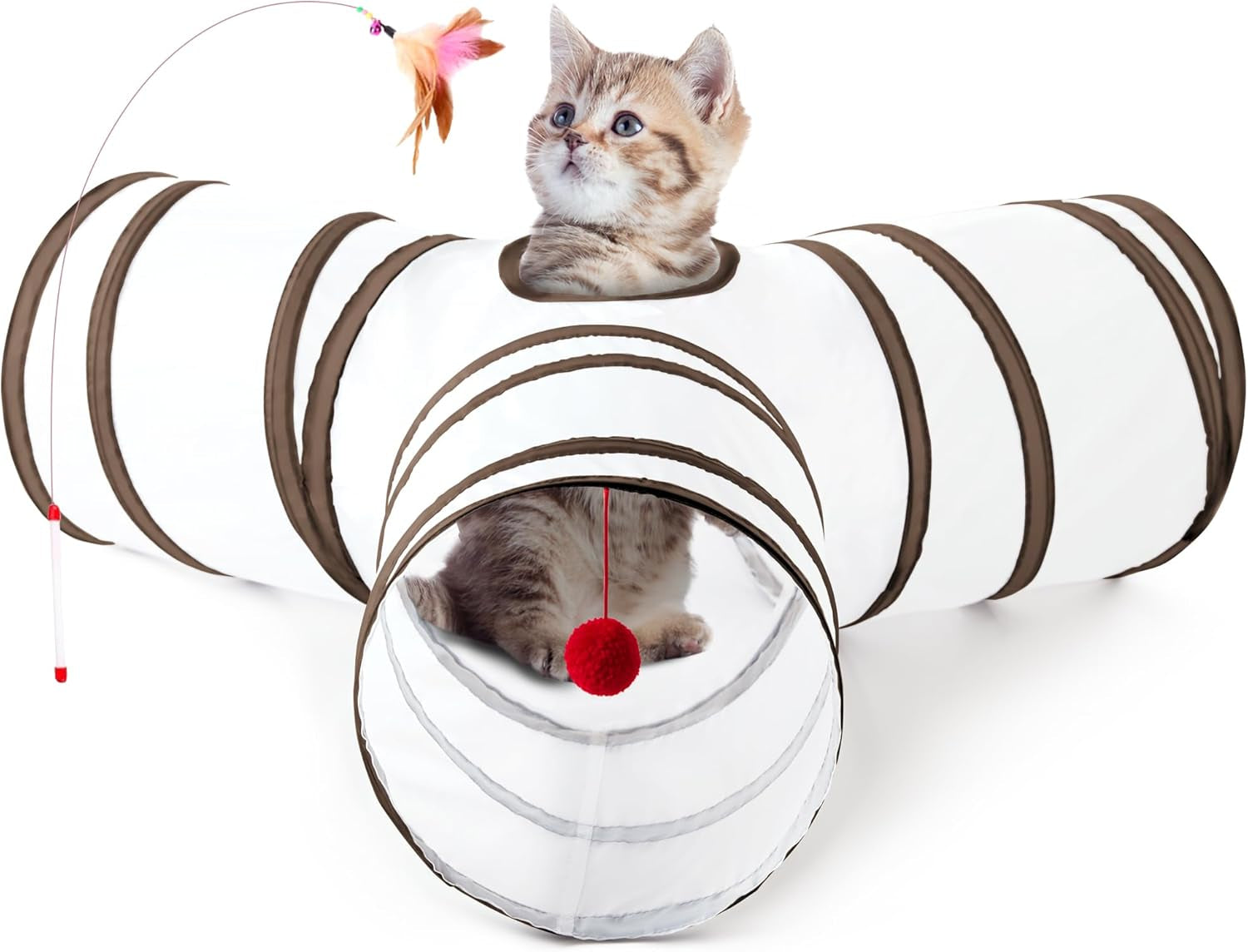 Pet Cat Tunnel Tube Toys 3 Way Collapsible, Tunnels for Indoor Cats, Kitty Bored Peek Hole Toy Ball