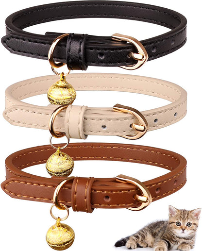 3 Pack Leather Cat Collars with Bells Soft Pet Safety Collar Kitty Collars with Bell