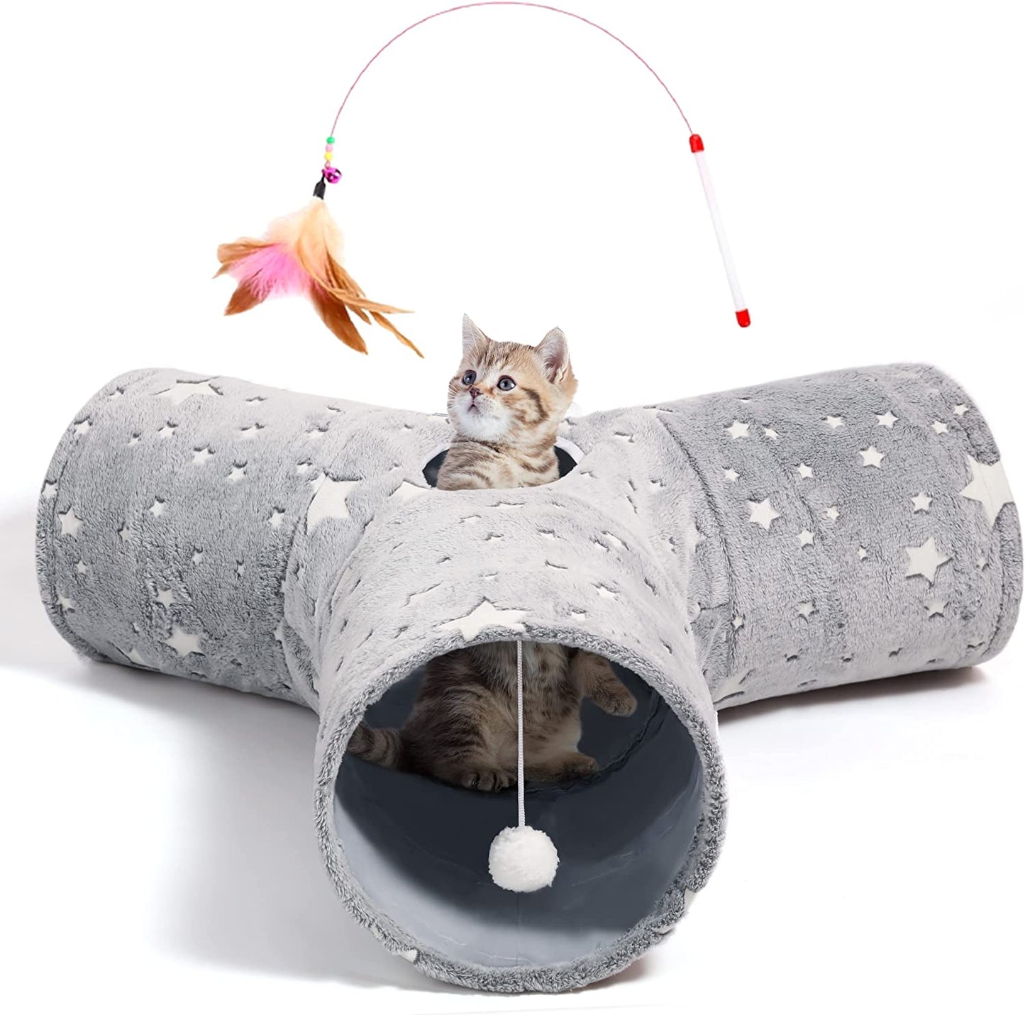 Pet Cat Tunnel Tube Toys 3 Way Collapsible, Tunnels for Indoor Cats, Kitty Bored Peek Hole Toy Ball