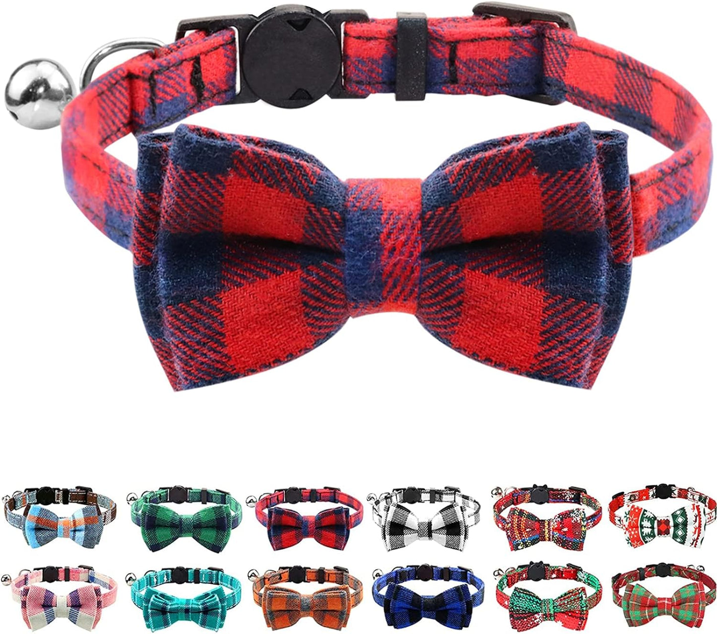 Upgraded Cat Collar with Bells, Breakaway Cat Collars with Bow Tie, 1 Pack Safety Plaid Kitten Collars