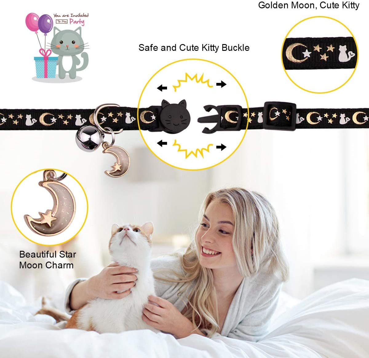 2PCS Glow in the Dark Breakaway Cat Collars with Bell Moons Stars Cute Kitty Adjustable Safe Kitten Collars 