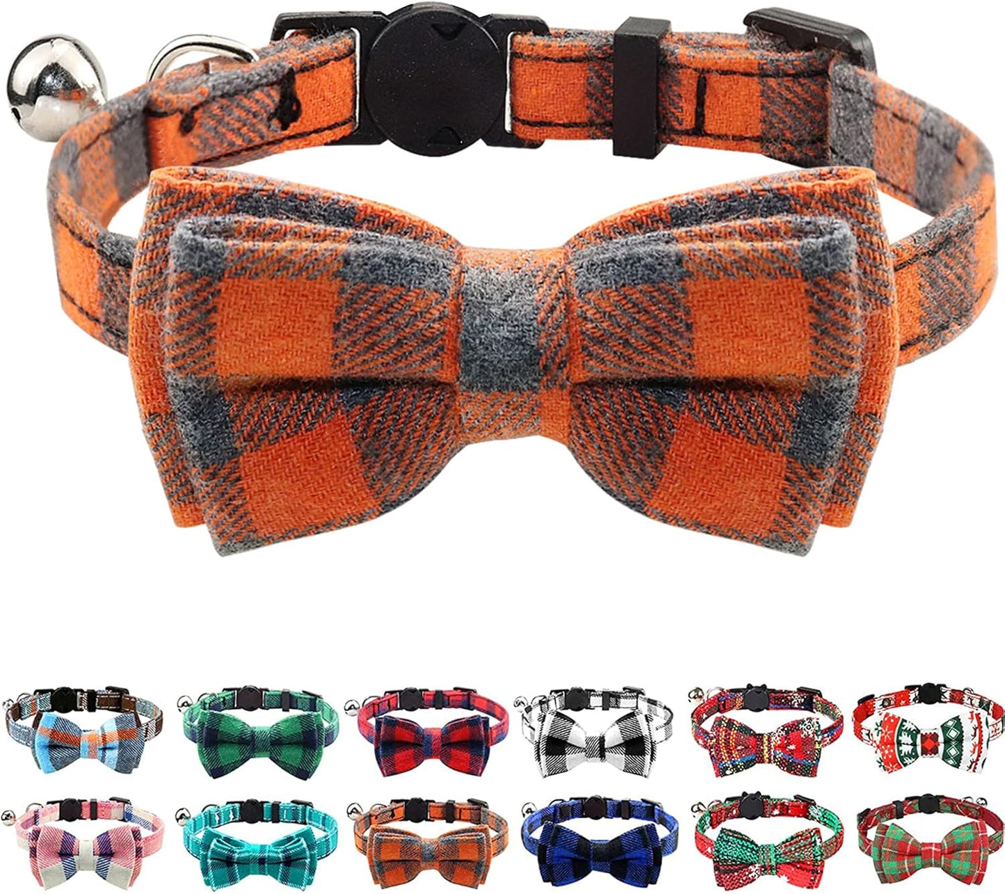 Upgraded Cat Collar with Bells, Breakaway Cat Collars with Bow Tie, 1 Pack Safety Plaid Kitten Collars