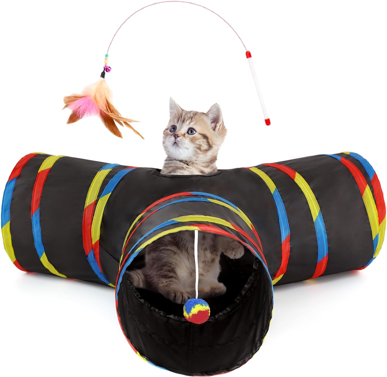 Pet Cat Tunnel Tube Toys 3 Way Collapsible, Tunnels for Indoor Cats, Kitty Bored Peek Hole Toy Ball