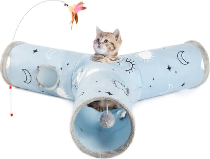 Pet Cat Tunnel Tube Toys 3 Way Collapsible, Tunnels for Indoor Cats, Kitty Bored Peek Hole Toy Ball