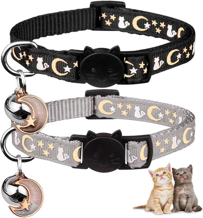 2PCS Glow in the Dark Breakaway Cat Collars with Bell Moons Stars Cute Kitty Adjustable Safe Kitten Collars 