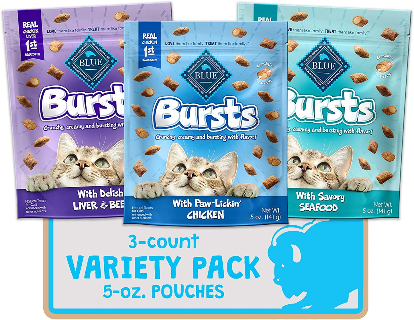 Bursts Crunchy Cat Treats Variety Pack, Chicken, Chicken Liver and Beef, and Seafood 5-Oz Bags (3 Count)