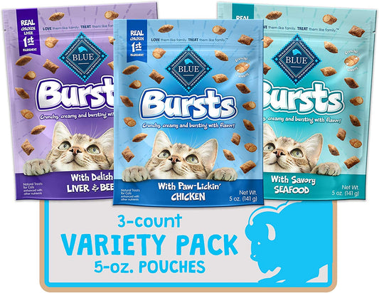 Bursts Crunchy Cat Treats Variety Pack, Chicken, Chicken Liver and Beef, and Seafood 5-Oz Bags (3 Count)