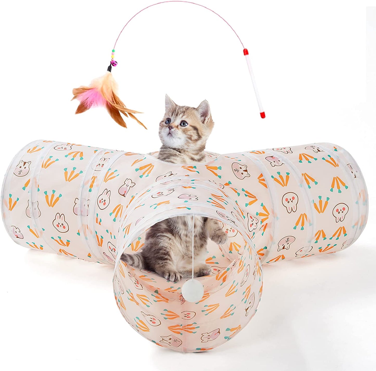 Pet Cat Tunnel Tube Toys 3 Way Collapsible, Tunnels for Indoor Cats, Kitty Bored Peek Hole Toy Ball