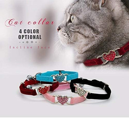 Soft Velvet Safe Cat Adjustable Collar with Crystal Heart Charm and Bells 8-11 Inches