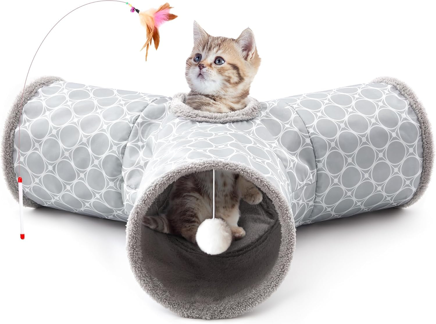 Pet Cat Tunnel Tube Toys 3 Way Collapsible, Tunnels for Indoor Cats, Kitty Bored Peek Hole Toy Ball