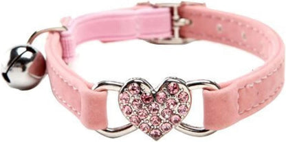 Soft Velvet Safe Cat Adjustable Collar with Crystal Heart Charm and Bells 8-11 Inches