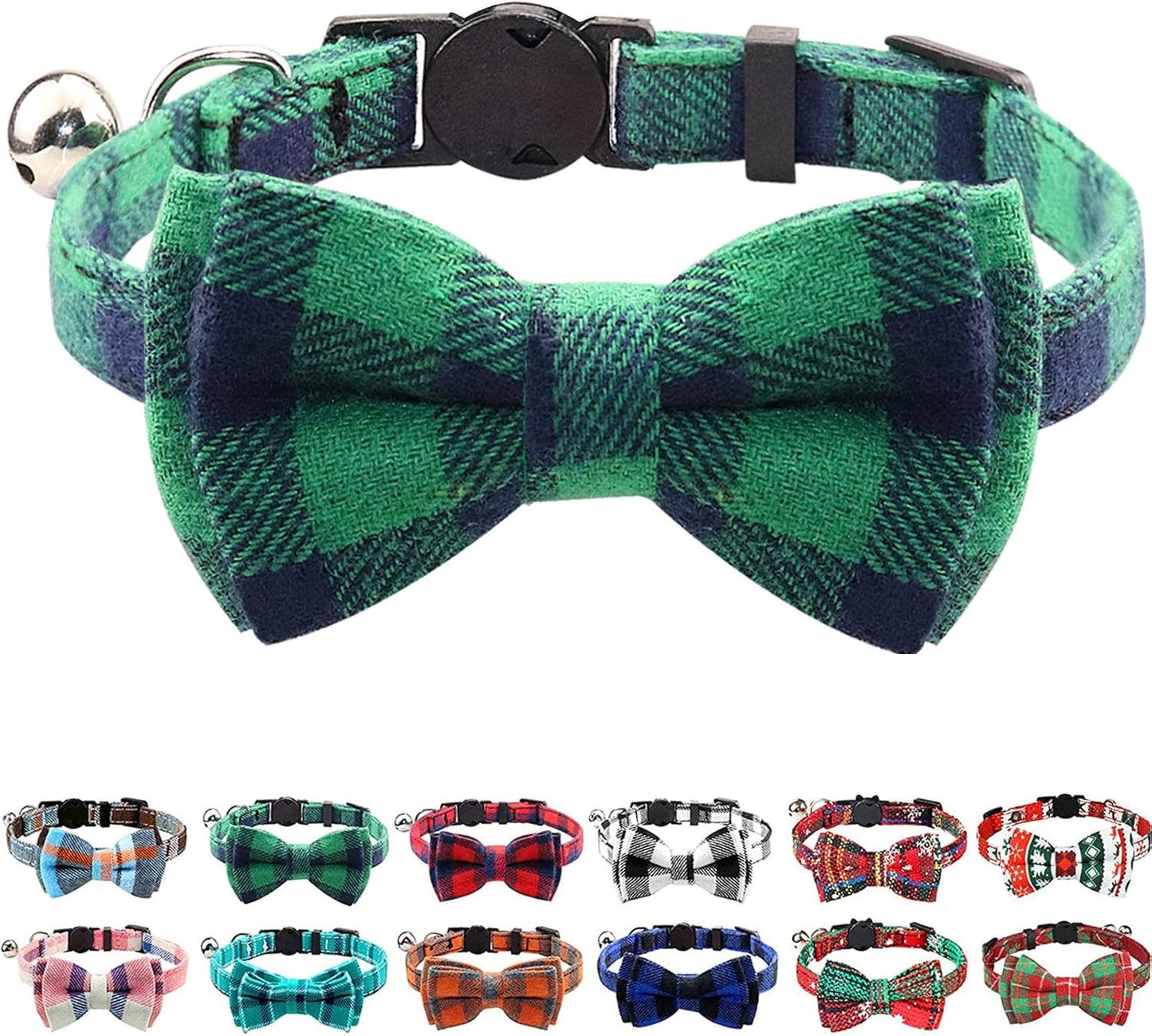 Upgraded Cat Collar with Bells, Breakaway Cat Collars with Bow Tie, 1 Pack Safety Plaid Kitten Collars