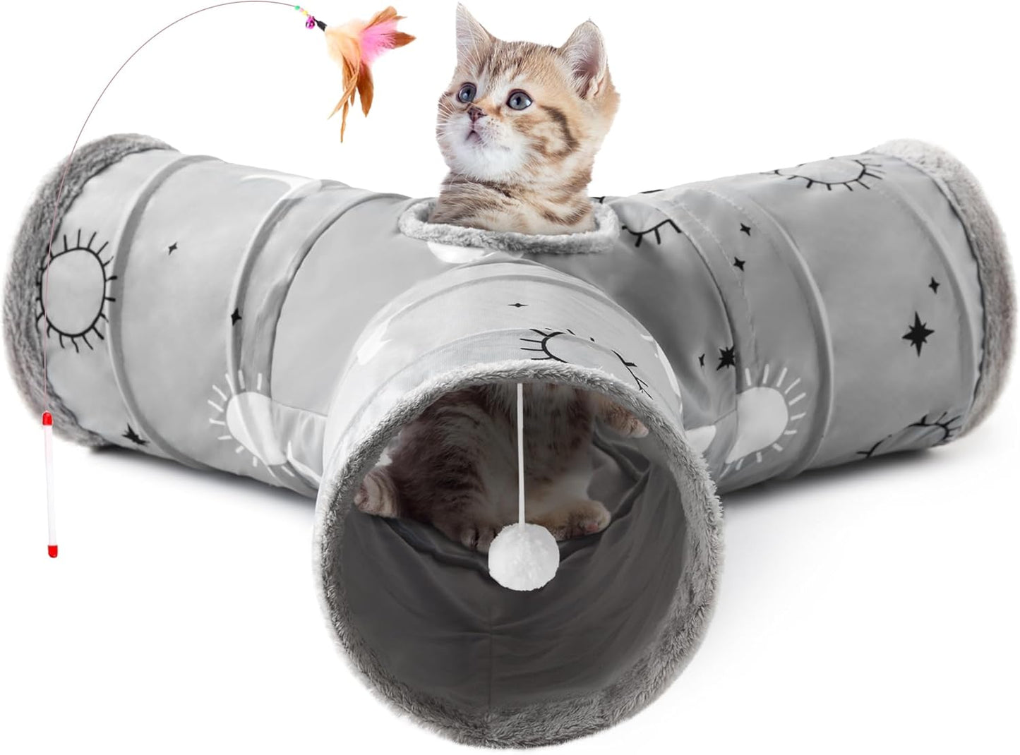 Pet Cat Tunnel Tube Toys 3 Way Collapsible, Tunnels for Indoor Cats, Kitty Bored Peek Hole Toy Ball