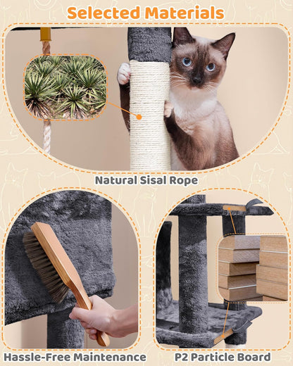 Large Multi-Level Cat Tree, 63 Inches Tall with Sisal-Covered Scratching Posts, Condo, Hammock, Dangling Ball, and Extended Platform for Cats to Play and Sleep