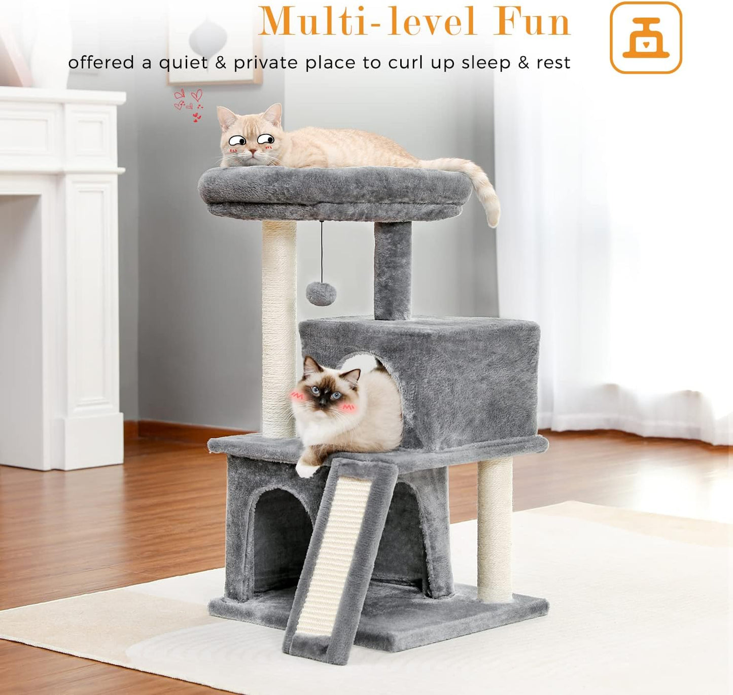 Cat Tree Multilevel Cat Tower with Double Condos, Spacious Perch, Fully Wrapped Scratching Sisal Post and Replaceable Dangling Balls