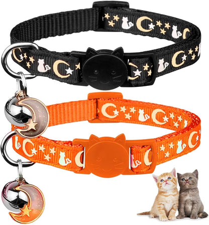 2PCS Glow in the Dark Breakaway Cat Collars with Bell Moons Stars Cute Kitty Adjustable Safe Kitten Collars 