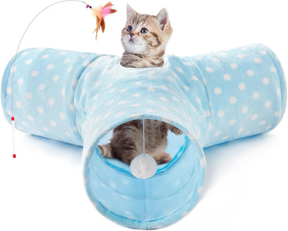 Pet Cat Tunnel Tube Toys 3 Way Collapsible, Tunnels for Indoor Cats, Kitty Bored Peek Hole Toy Ball