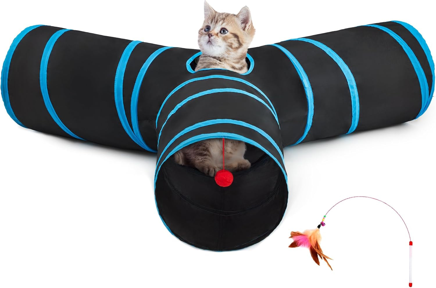 Pet Cat Tunnel Tube Toys 3 Way Collapsible, Tunnels for Indoor Cats, Kitty Bored Peek Hole Toy Ball