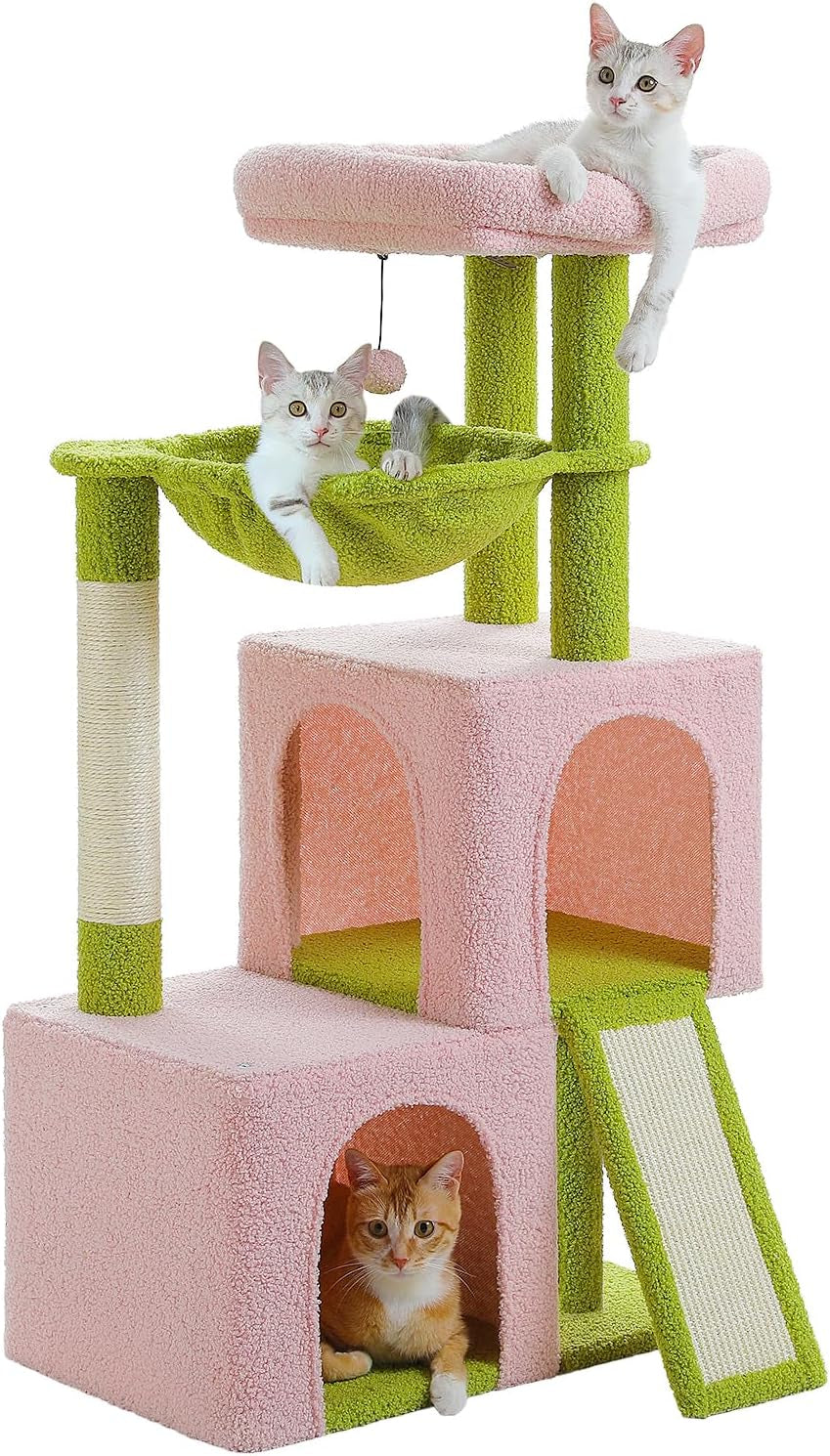 Cat Tree Multilevel Cat Tower with Double Condos, Spacious Perch, Fully Wrapped Scratching Sisal Post and Replaceable Dangling Balls