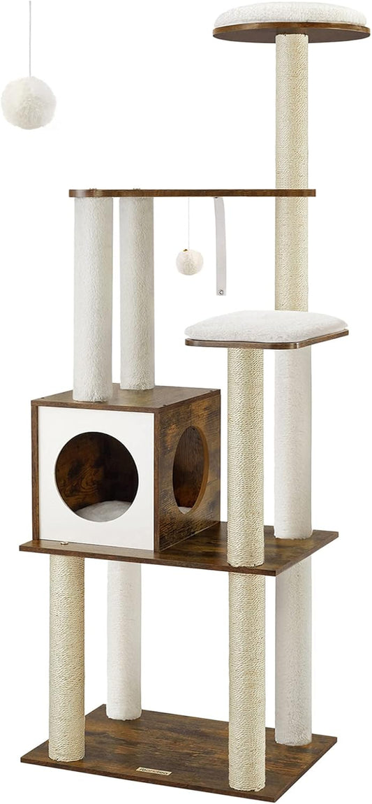 Woodywonders Cat Tree, 65-Inch Modern Cat Tower for Indoor Cats, Multi-Level Cat Condo with 5 Scratching Posts, Perch, Washable Removable Cushions, Cat Furniture