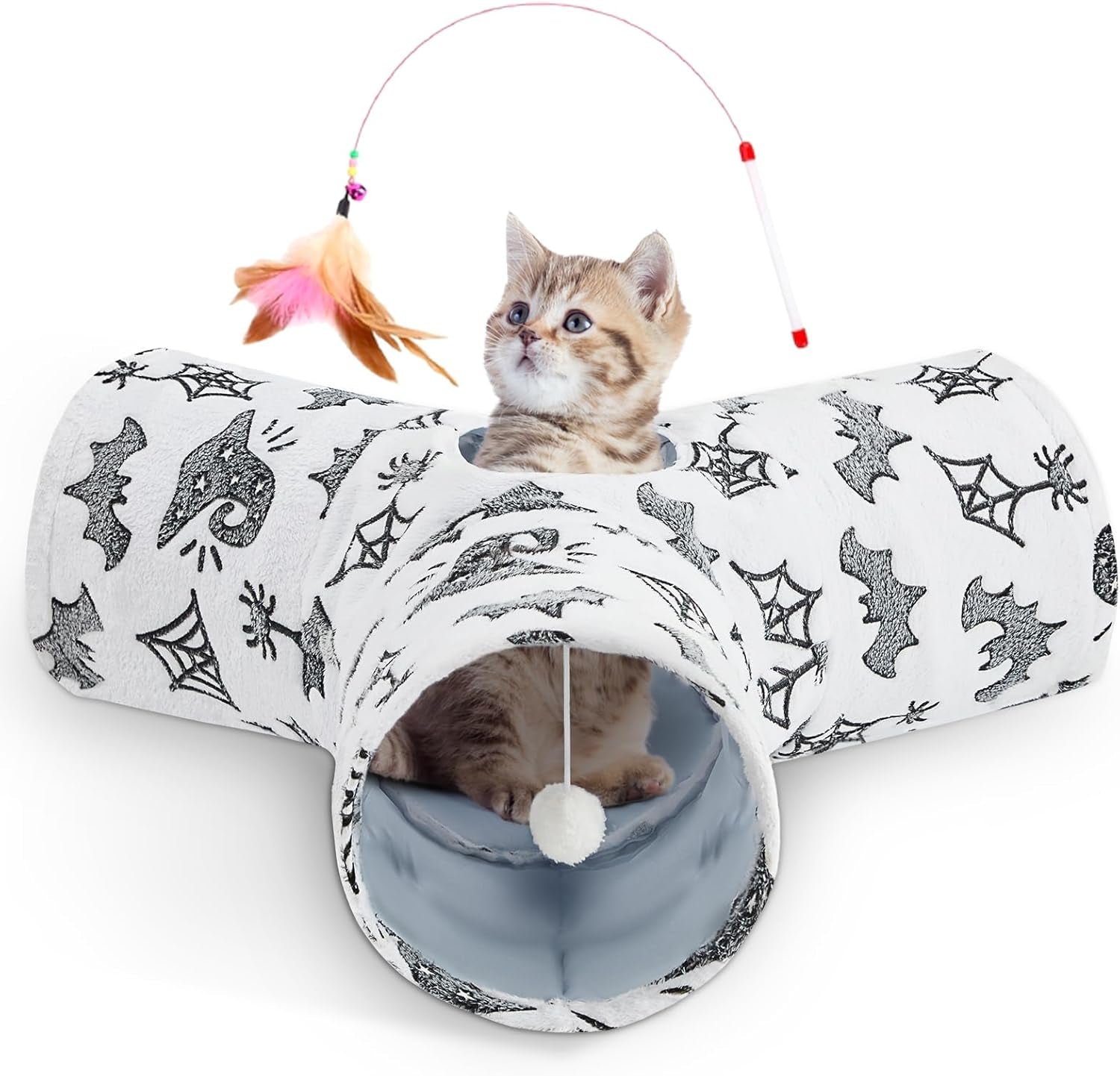 Pet Cat Tunnel Tube Toys 3 Way Collapsible, Tunnels for Indoor Cats, Kitty Bored Peek Hole Toy Ball