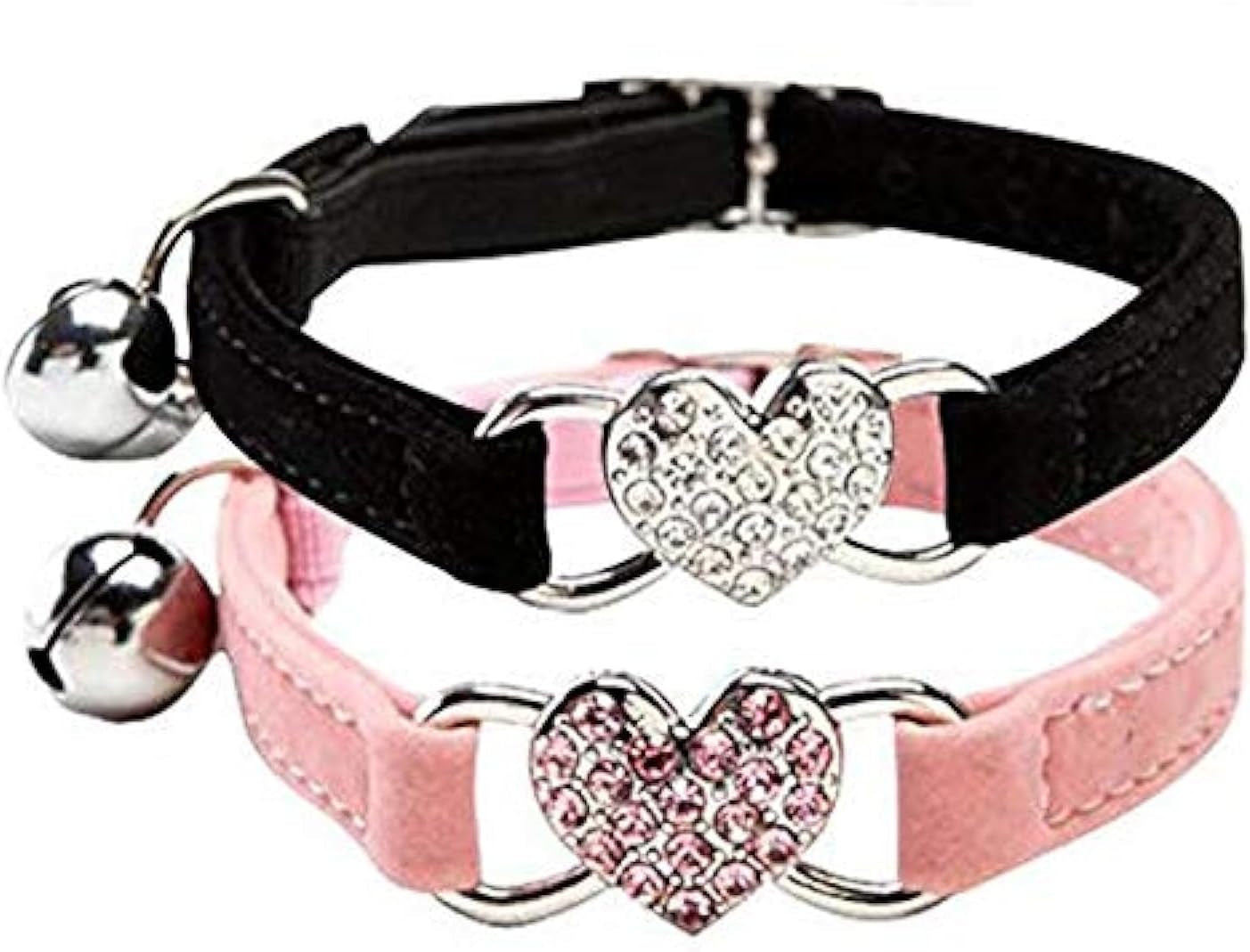 Soft Velvet Safe Cat Adjustable Collar with Crystal Heart Charm and Bells 8-11 Inches