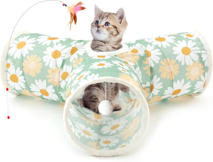 Pet Cat Tunnel Tube Toys 3 Way Collapsible, Tunnels for Indoor Cats, Kitty Bored Peek Hole Toy Ball