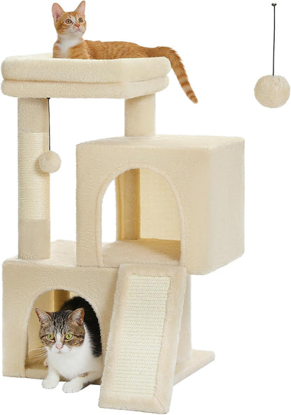 Cat Tree Multilevel Cat Tower with Double Condos, Spacious Perch, Fully Wrapped Scratching Sisal Post and Replaceable Dangling Balls