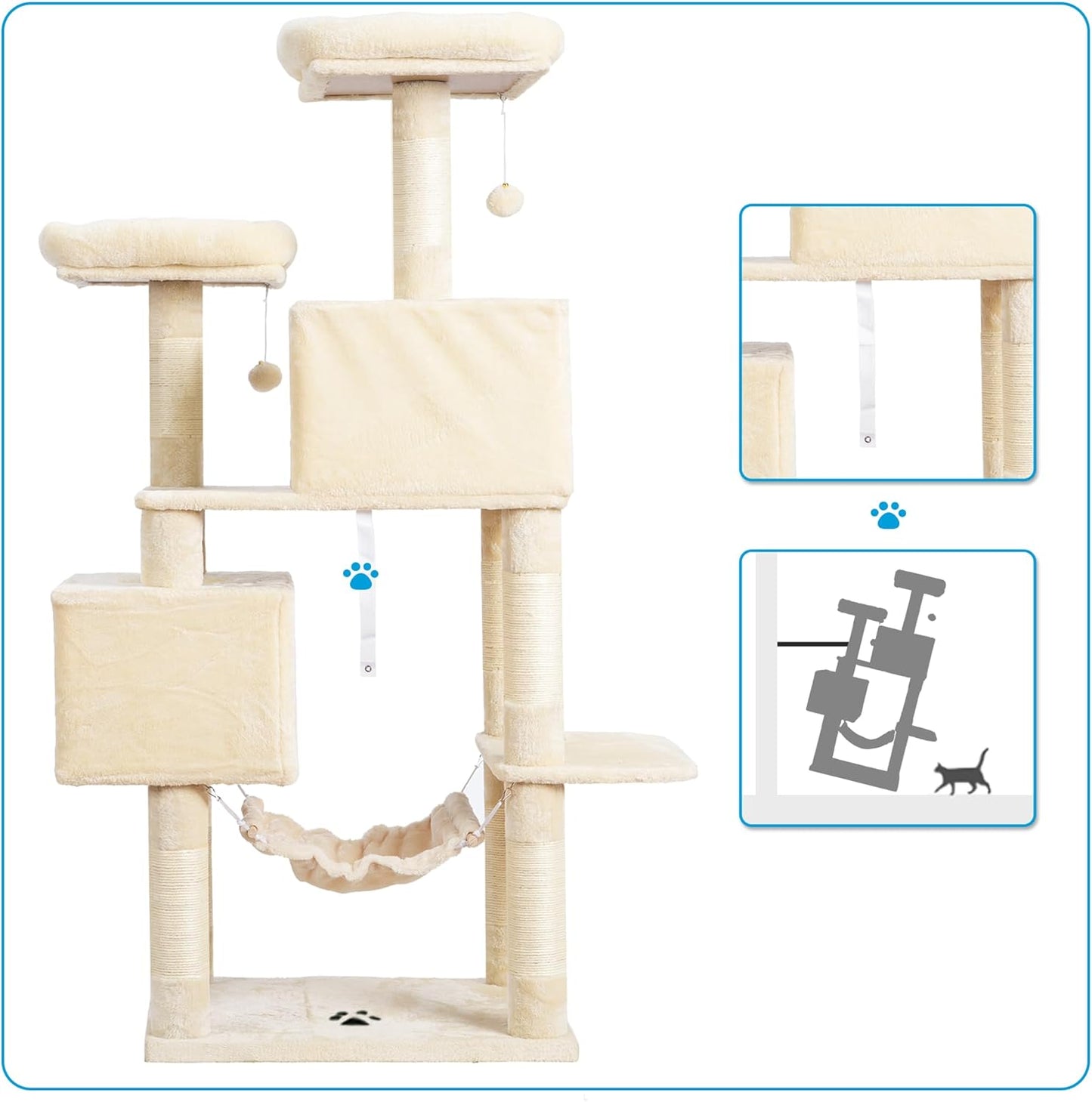 Large Multi-Level Cat Tree Condo Furniture with Sisal-Covered Scratching Posts, 2 Bigger Plush Condos, Perch Hammock for Kittens, Cats