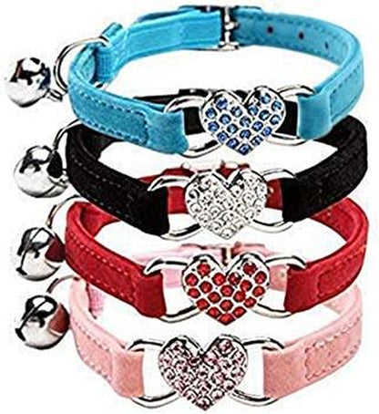 Soft Velvet Safe Cat Adjustable Collar with Crystal Heart Charm and Bells 8-11 Inches