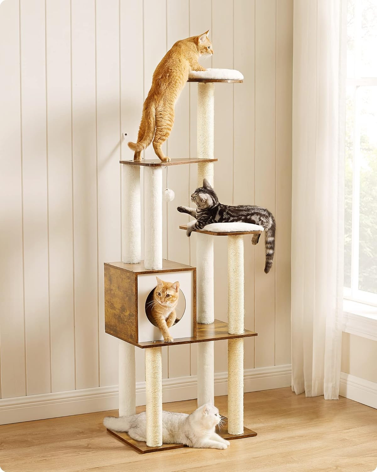 Woodywonders Cat Tree, 65-Inch Modern Cat Tower for Indoor Cats, Multi-Level Cat Condo with 5 Scratching Posts, Perch, Washable Removable Cushions, Cat Furniture