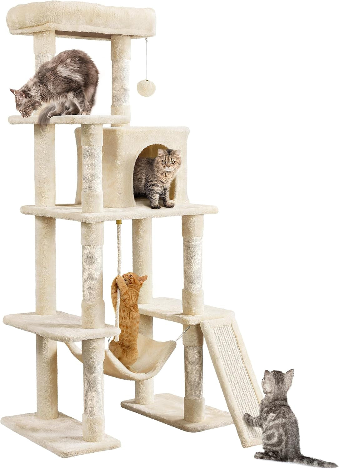 Large Multi-Level Cat Tree, 63 Inches Tall with Sisal-Covered Scratching Posts, Condo, Hammock, Dangling Ball, and Extended Platform for Cats to Play and Sleep