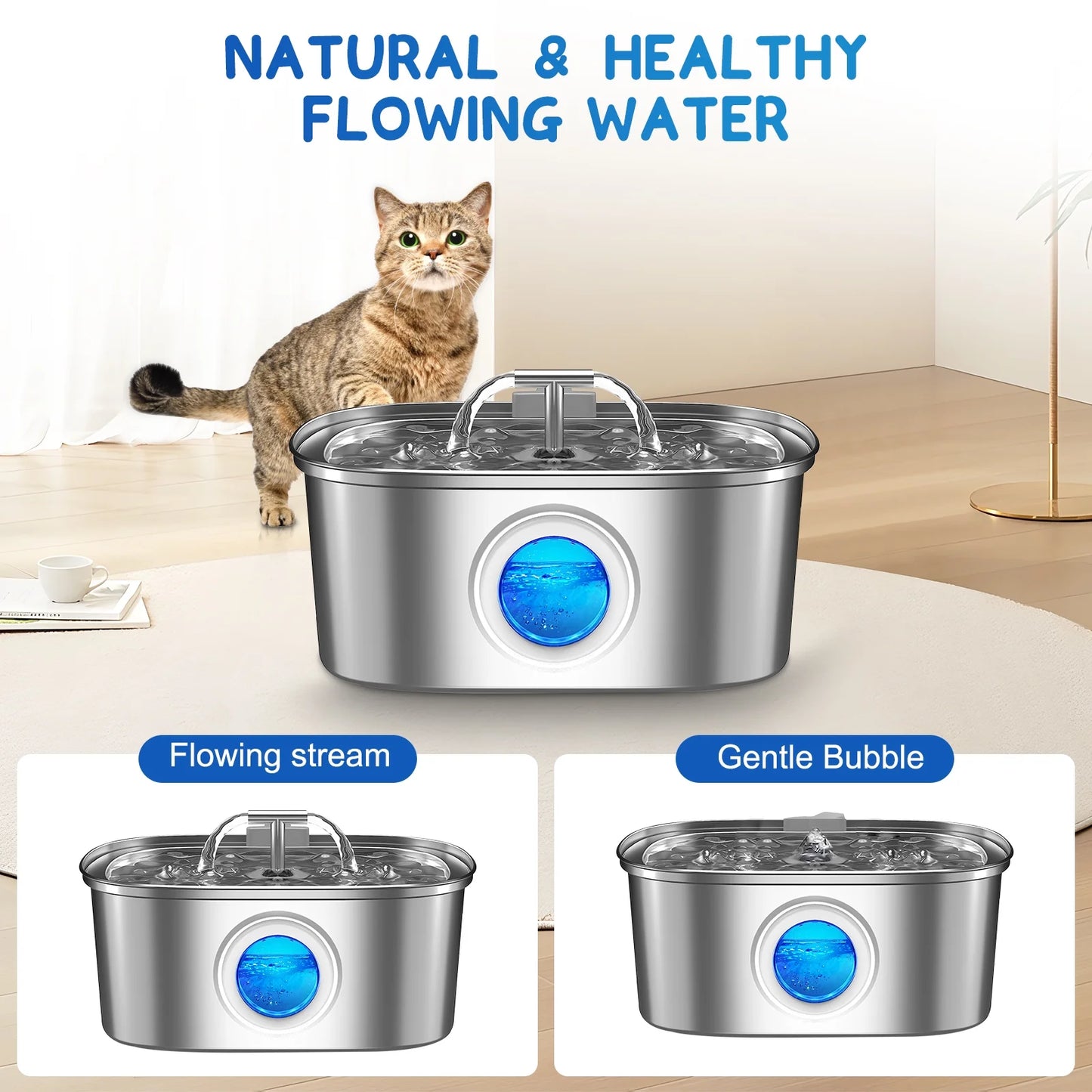 Cat Water Fountain Stainless Steel, 108Oz/3.2L Pet Fountain with Water Level Window