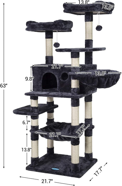 Cat Tree for Large Cats, Cat Tower with Scratching Posts, 2 Padded Plush Perches, Big Condo and Cozy Basket