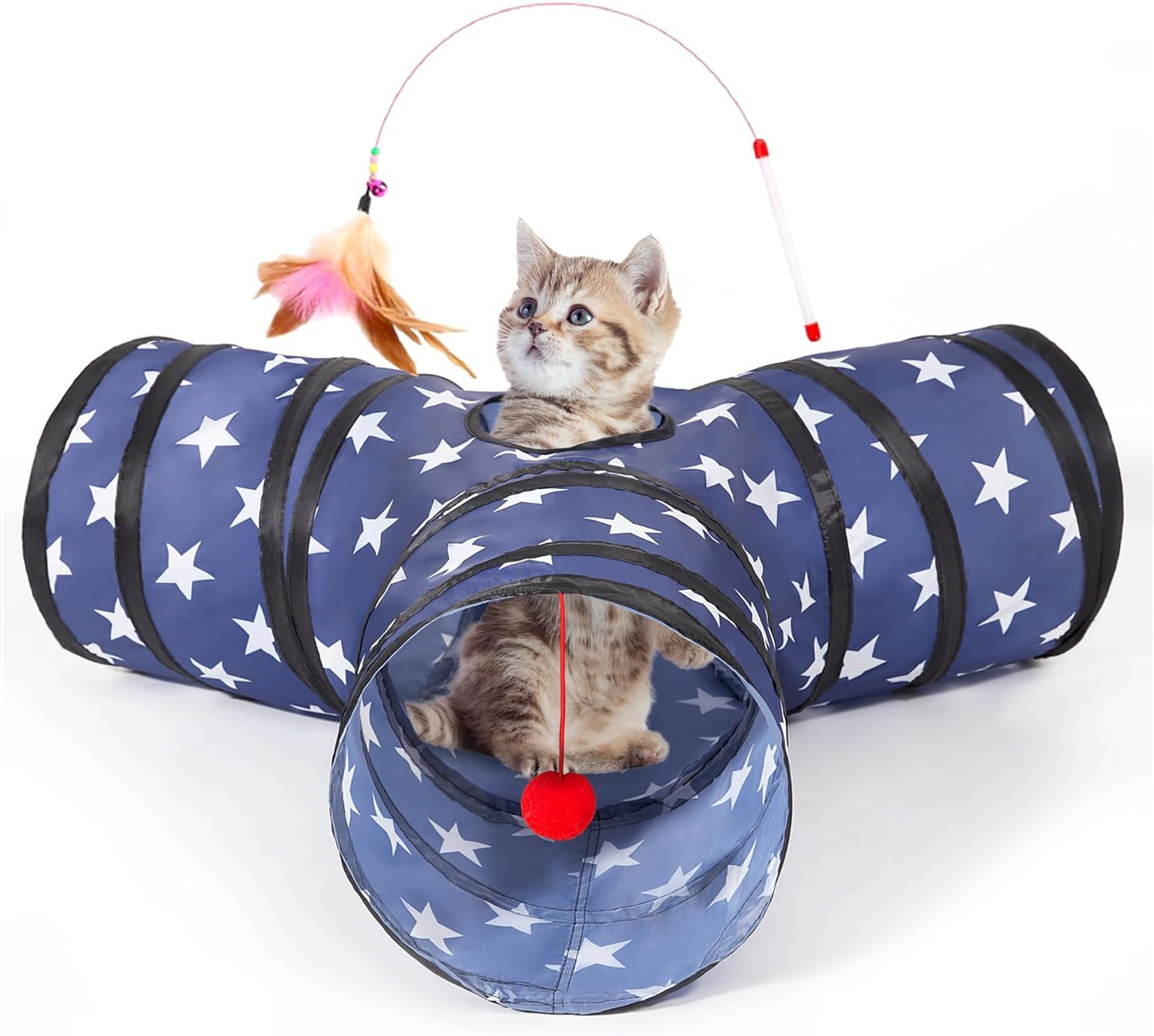 Pet Cat Tunnel Tube Toys 3 Way Collapsible, Tunnels for Indoor Cats, Kitty Bored Peek Hole Toy Ball