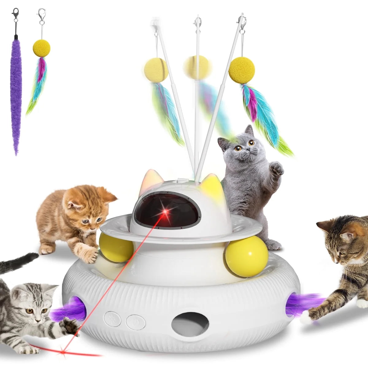 4 in 1 Interactive Cat Toys for Indoor Cats,Cat Laser Toys with 360°Rotation, Interactive Exercise Play Kitten Toy, Automatic Cat Wand Toys, Track Balls,Indoor Exercise Cat Kicker with USB Rechargeable