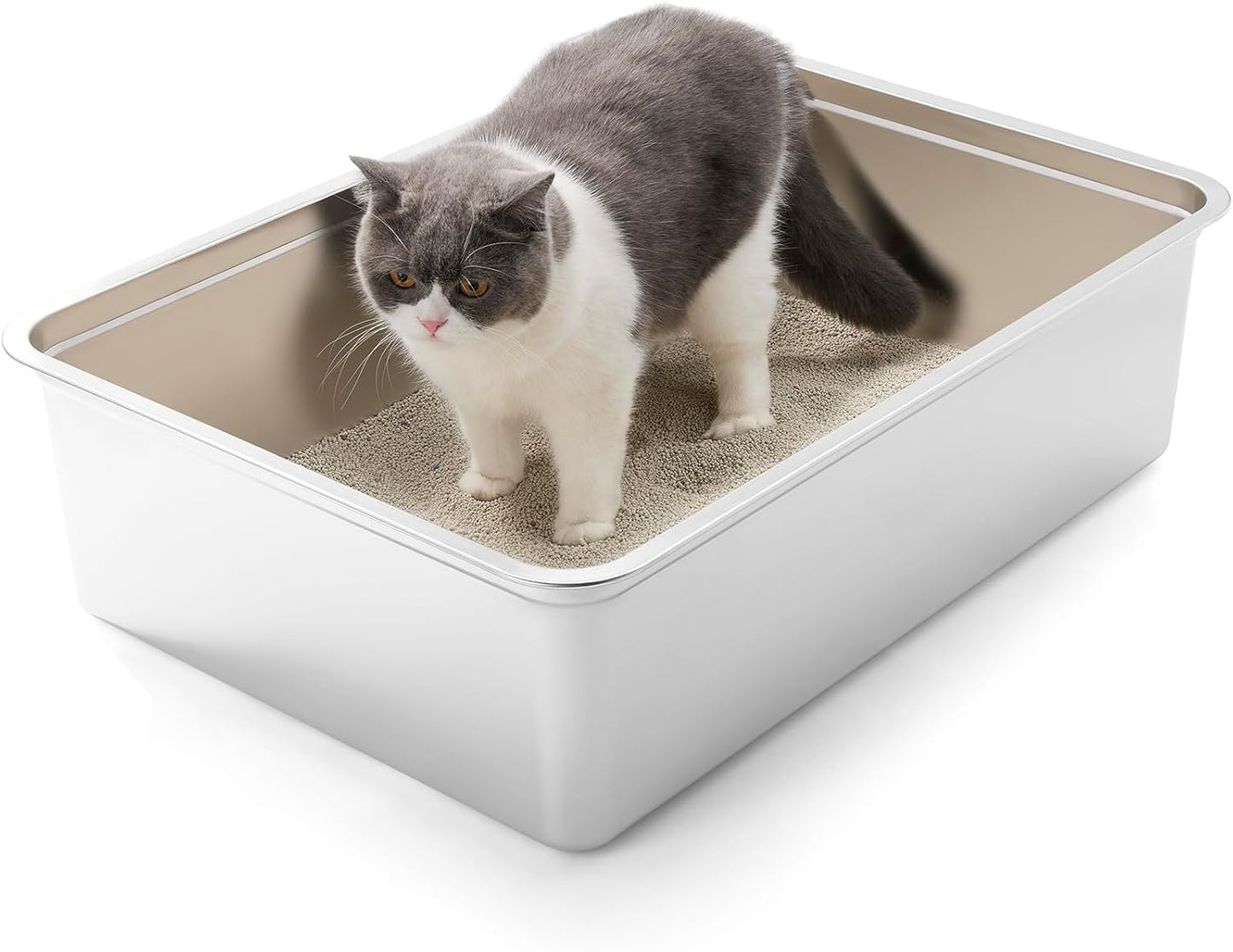 Stainless Steel Litter Box for Cats, Odor Control Litter Pan, Non Stick, Easy to Clean, Rust Proof and Non Slip Rubber Feet