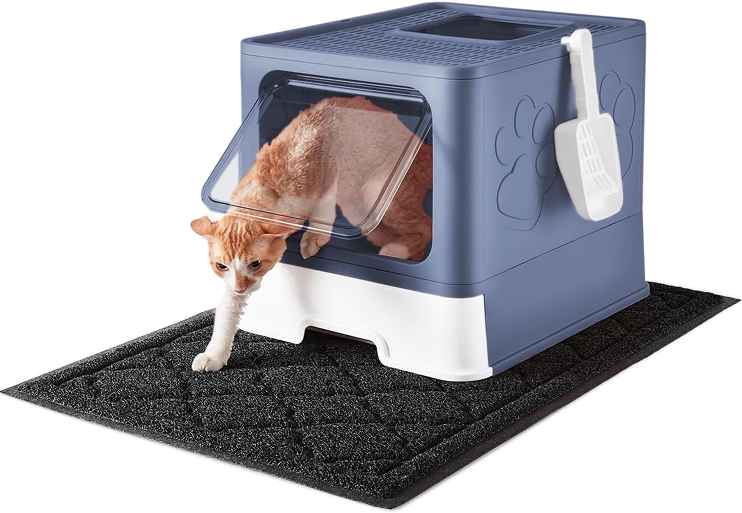 Cat Litter Box with Litter Mat and Scoop, Large Foldable Litter Box with Lid, Front Entry Top Exit Kitty Litter Box, Odor Control Easy Clean 