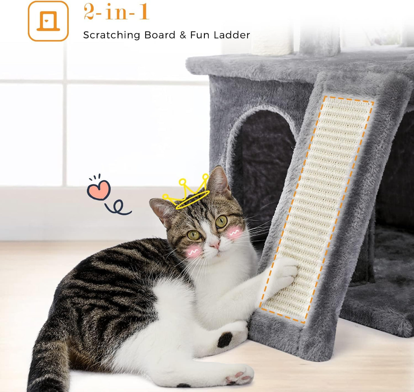 Cat Tree Multilevel Cat Tower with Double Condos, Spacious Perch, Fully Wrapped Scratching Sisal Post and Replaceable Dangling Balls