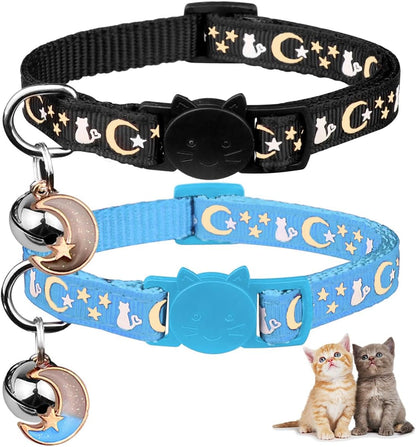 2PCS Glow in the Dark Breakaway Cat Collars with Bell Moons Stars Cute Kitty Adjustable Safe Kitten Collars 