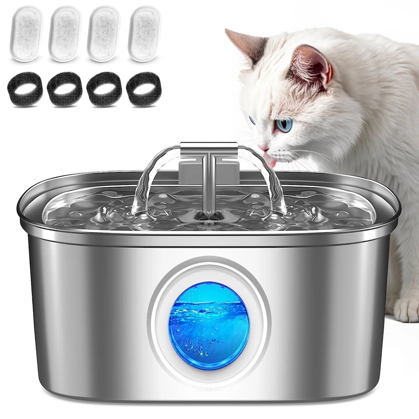 Cat Water Fountain Stainless Steel, 108Oz/3.2L Pet Fountain with Water Level Window