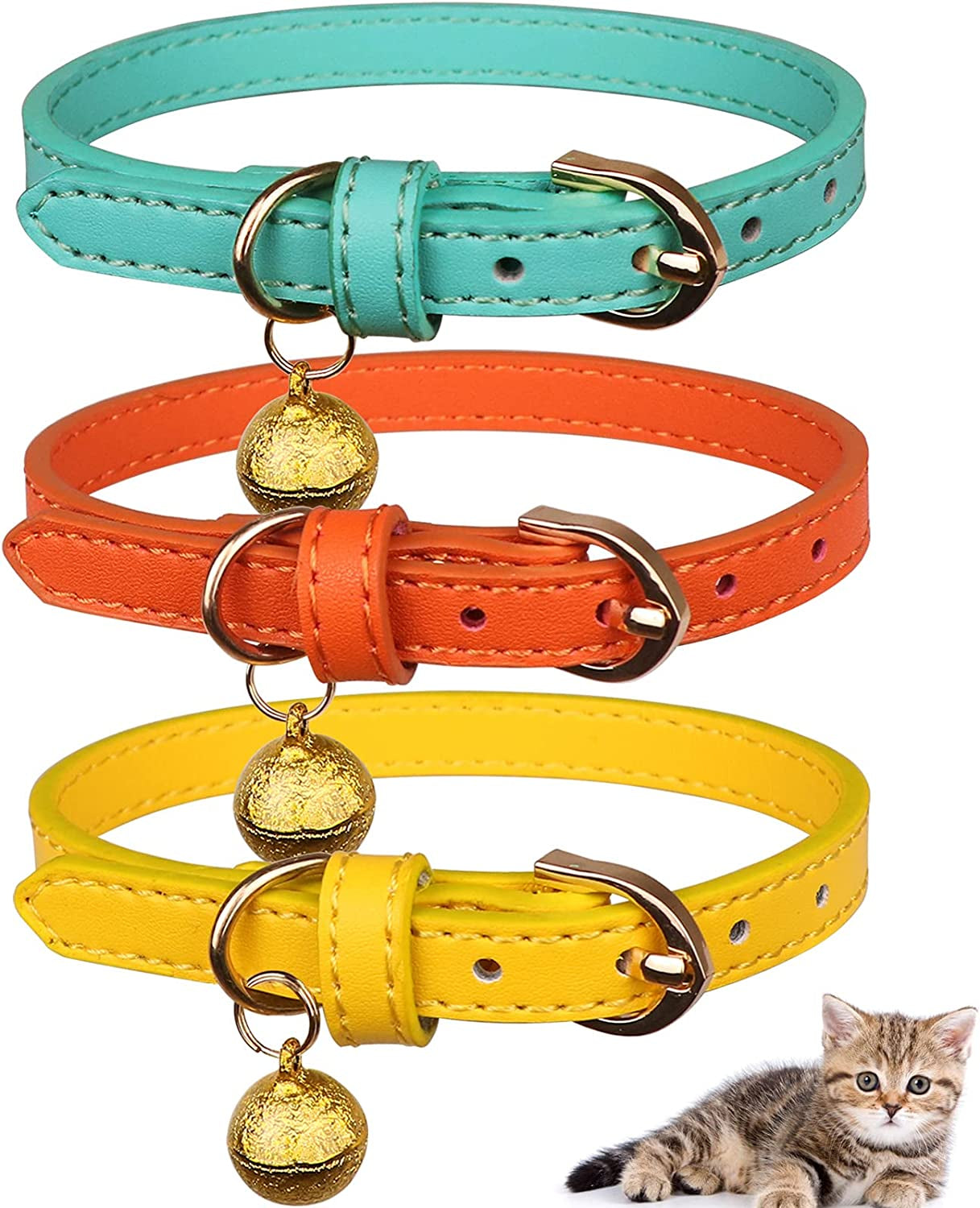 3 Pack Leather Cat Collars with Bells Soft Pet Safety Collar Kitty Collars with Bell