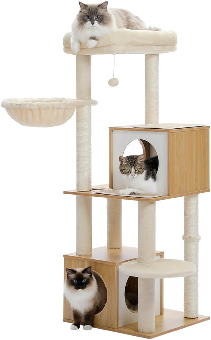 Cat Tree Wooden Cat Tower with Double Condos, Spacious Perch, Fully Wrapped Scratching Sisal Posts and Replaceable Dangling Balls